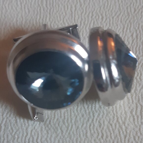 Vintage Blue Rivoli Glass Silver Tone 1/2 Inch Cuff Links - Picture 2 of 9